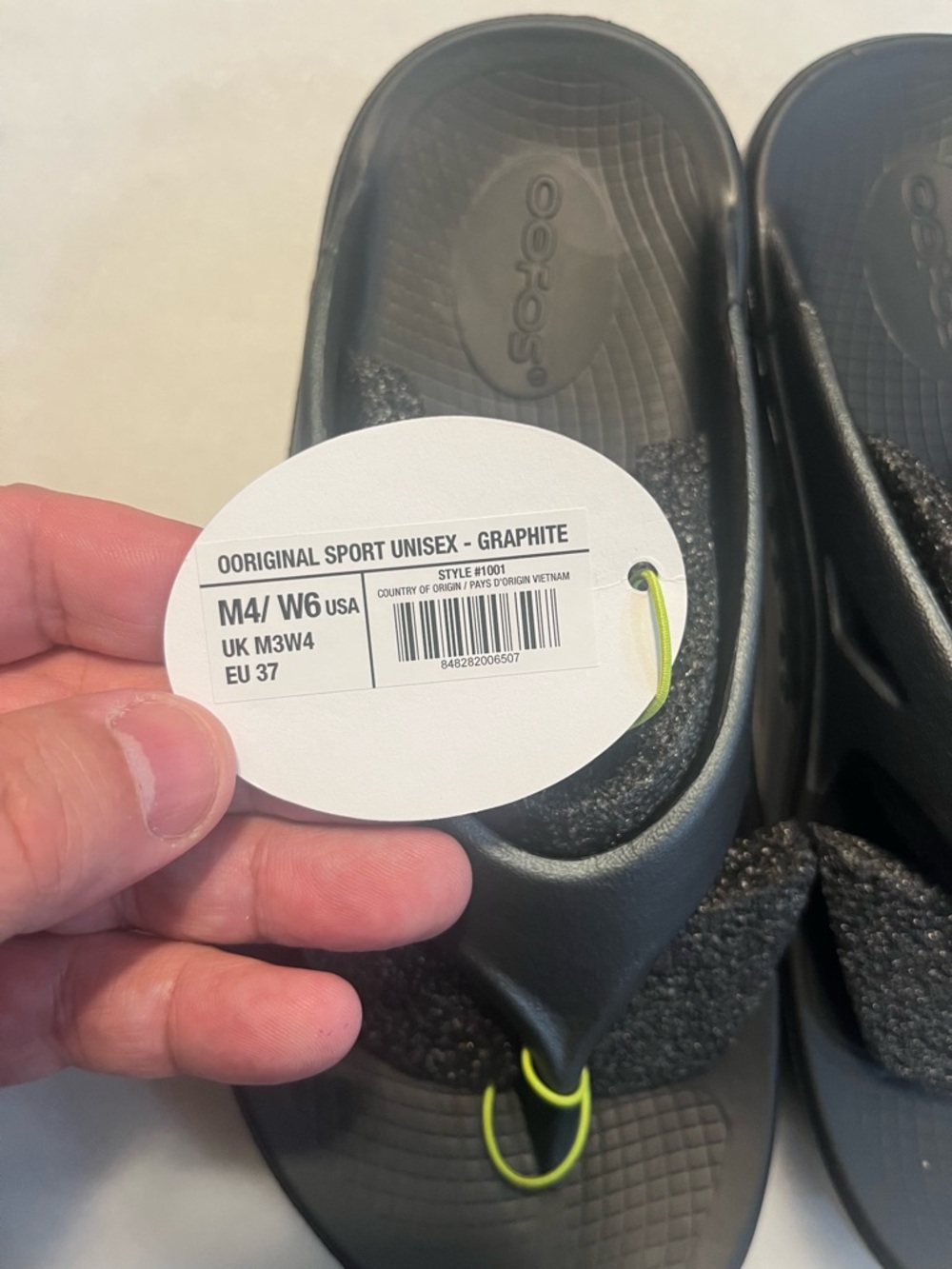 OOFOS Graphite Black Foam Toe-Post Sandals with Neon Accent - Picture 3 of 6